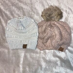 2 CC Beanies- White Metallic/Dusty Pink